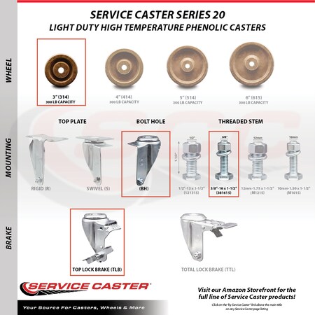 Service Caster 3 Inch SS High Temp Phenolic Swivel 3/8 Inch Threaded Stem Caster Brakes, 2PK SCC-SSTS20S314-PHSHT-381615-2-TLB-2